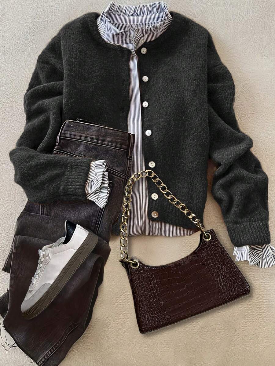 优雅休闲保暖毛衣，适合秋冬季节，天鹅绒纱线质感，仿羊绒触感，舒适透气，贝壳纽扣圆领长袖针织开衫，女士秋冬服装，适合工作/办公室穿着，商务休闲场合。 - 黑色 - 查看 1