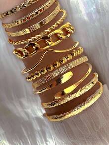 25/15/13/12/7/5pcs Chunky, Vintage Multi-Piece Stackable Bracelets Set - Floral, Geometric, Teardrop, Beaded, Wave, Heart, Embossed, Love Text, Twisted, Chain, Asymmetrical, Braided, Smooth, Minimalist, Metal, Exaggerated, Thick Cuff, Fashion, Elegant, Retro, Cute, Holiday, Party, Daily Wear - Yellow Gold - View 5