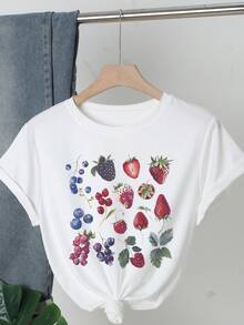 Oversized Casual Retro Strawberry Fruit Print T-Shirt, Suitable For Summer Beach Vacation, Women's Solid Color Round Neck Short Sleeve Simple Blouse, Daily Casual - White - View 1