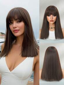 7JHH WIGS High Quality 16-Inch Shoulder Length Straight Brown Wigs For Women - Elegant Linen Brown Wig With Bangs, Soft Silky Heat-Resistant Synthetic Fiber Hairpiece For Daily Wear, Perfect For Holidays Cosplay & Music Festival Use, Graduation Gift & Mother's Gift Wig Accessory - 棕色 - 查看 2