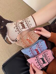 1/2/5 Pairs Women Dachshund Pattern Interesting Comfortable Versatile Warm Wool Blend Mid-Calf Socks - Multicolor - View 2