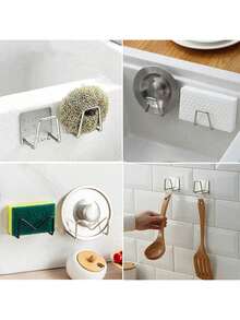 1pc Stainless Steel Sink Sponge Holder, Strong Adhesive Self-Adhesive Dry Rack, Kitchen Sink Drainage Dry Rack, Cleaning Sponge Rack Hook, Durable & Fashionable Bathroom Accessory