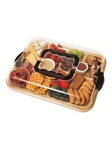 便携式竹制托盘套装，带透明盖和隔层，是旅行、野餐和聚会的理想之选。厨房用品。完美的食物展示和乔迁礼物。开斋节厨房用品。适合户外用餐。情侣礼物、婚礼、订婚、乔迁、交换礼物、新娘送礼会、圣诞礼物。