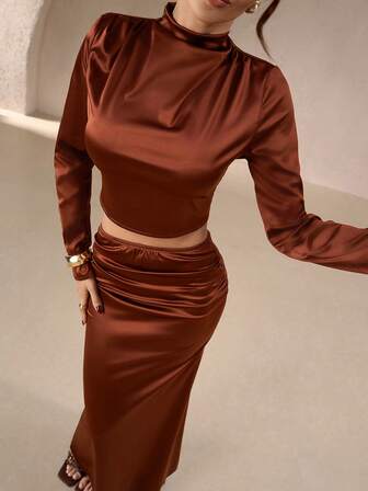Women's Elegant Autumn & Winter 2-Piece Satin Outfit – Solid Color, Long-Sleeve Stand-Up Collar Shirt & Figure-Flattering High-Waisted Midi Skirt, Delicate Irregular Pleats, Lightweight & Comfortable, Ideal For Casual Gatherings & Formal Parties Wedding