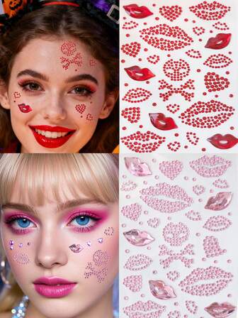 粉红色红唇骷髅心形闪亮立体宝石贴纸，适用于节日派对、Y2K风格音乐节、DIY眼部面部宝石贴纸，适合舞蹈表演、派对和舞台万圣节假纹身