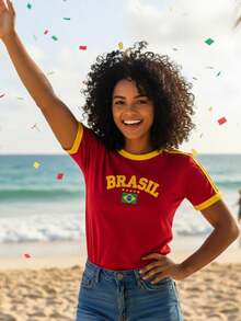 Camisa Feminina Brasil Bordada Bandeira Estilo Y2K Retrô Vintage - Vermelho - Visão 5