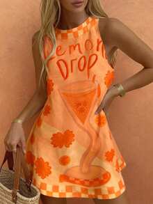 Sea Starshine 波西米亚风夏季海滩休闲度假舒适女士柠檬杯字母撞色格子叶子图案无袖连衣裙，早午餐装扮 - 橘色 - 查看 2