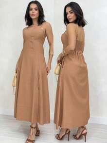 Women's Long Dress For Summer Weddings - 卡其色 - 查看 3