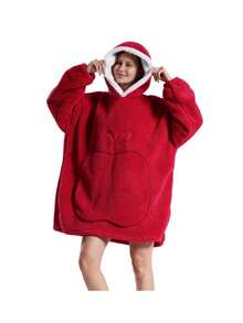 Oversized Hooded Sweatshirt Blanket, Women Loose Hooded Blanket, Super Soft & Warm, Front Apple Pocket Design, Unisex, Large Pocket, Comfortable Home Wear, Brown/Navy Blue/Red - Multicolor - View 17