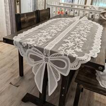 Mantel de encaje blanco, elegante y romántico, con lazo bordado de flores, ideal como decoración para cocina, TV, mueble o mesa de centro. - Blanco - Ver 1