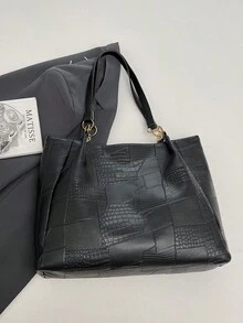 新款休闲PU皮革大容量手提包，女士时尚纯色拉链单肩包/手提包 - 黑色 - 查看 6