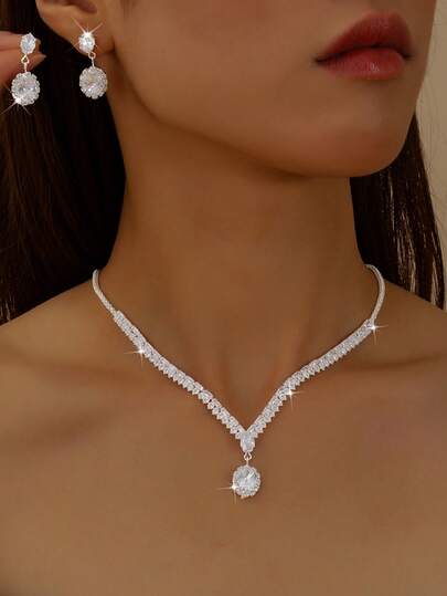 3件套女士首饰套装：项链、耳环、几何图案新娘配饰，适合派对、婚礼、情人节等场合佩戴。