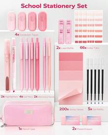 Four Candies Aesthetic School Supplies, Gel Pens With Black Ink, Correction Tapes, Pastel Highlighters,Mechanical Pencils, Sticky Notes, Index Post For Bible Study Supplies With Case Stationary - Pink - View 8