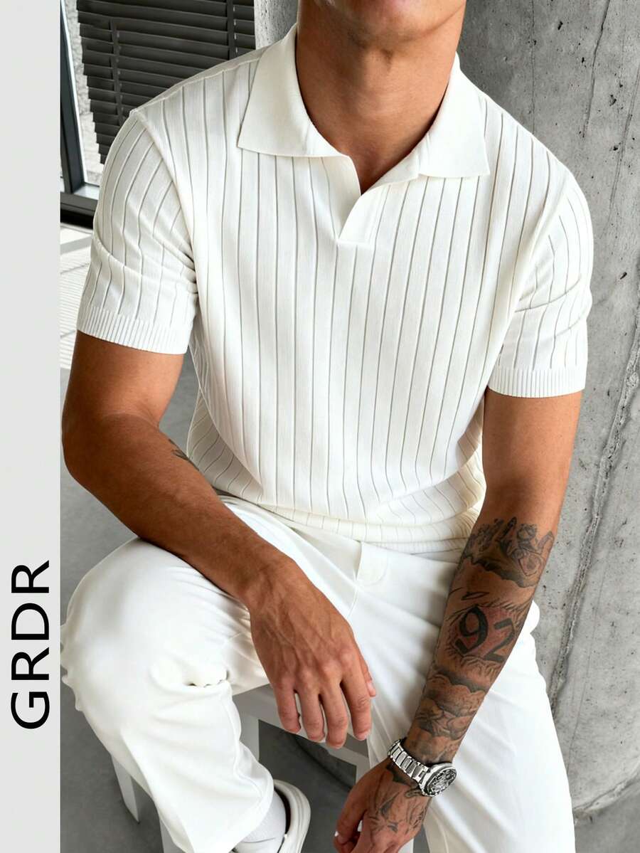 GRDR 男士宽松薄款罗纹领针织Polo衫，短袖，夏季 - 白色 - 查看 1