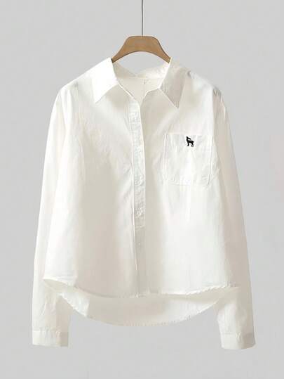 女士纯色长袖衬衫，夏季时尚，刺绣口袋设计上衣