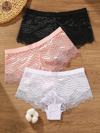 3pcs Women's Lace Trim Seamless Briefs, Comfortable Knit Panties