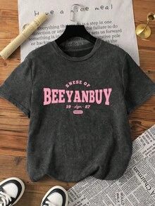 Women's Casual Wash Beeyanbuy Monogram Print, Snow-Washed T-Shirt, Summer Crew Neck Short Sleeve T-Shirt Top - Black - View 1