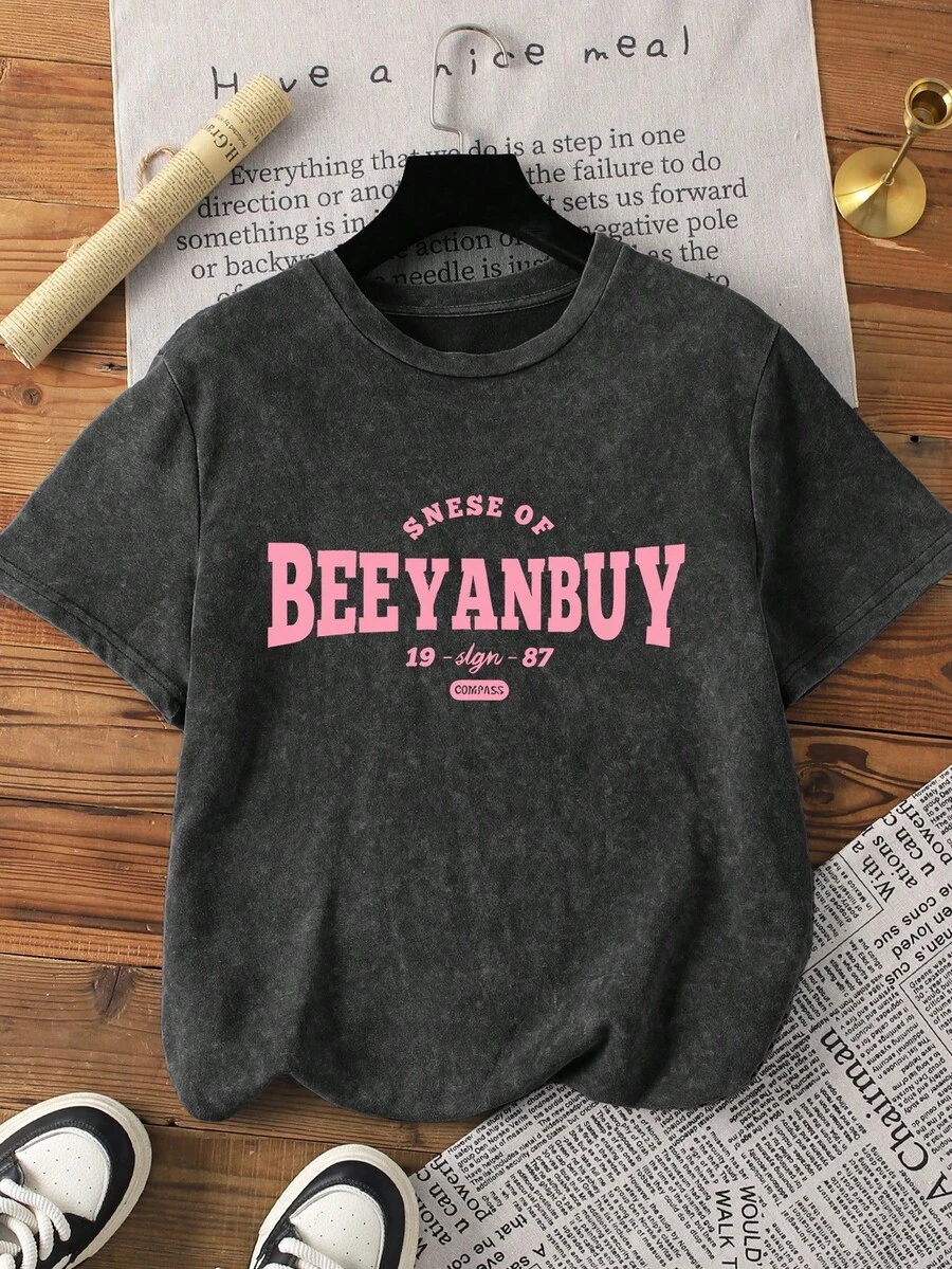 Women's Casual Wash Beeyanbuy Monogram Print, Snow-Washed T-Shirt, Summer Crew Neck Short Sleeve T-Shirt Top - Black - View 1