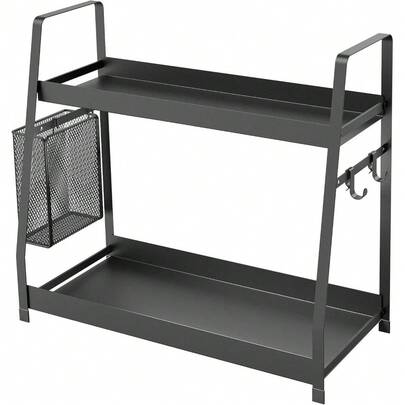 2 Tier Spice Rack For Countertop, Metal Standing Kitchen Storage Organizer Shelf, Vertical Seasoning Jars Rack, Black