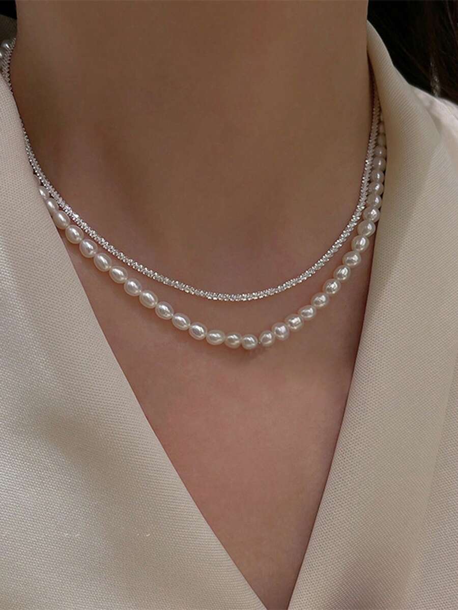 Nooxian 2pcs/Set Mom Gifts Shimmering Pearl Necklace Set For Women (Random Pearl Quantity) - White - View 1