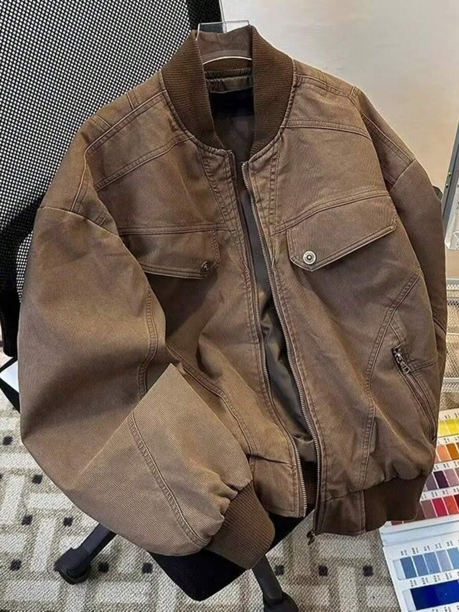 Corduroy Baseball Collar Jacket Men's Old Casual  Brand American High Street Japanese Retro Teen Jacket - 棕色 - 查看 1