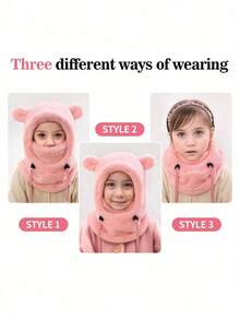 儿童毛绒保暖耳罩围巾帽套装，加厚冬季滑雪骑行面罩连帽帽，男女童均适用 - 彩色 - 查看 7