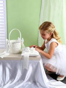 1个花童篮，婚礼花篮，白色花瓣，缎面花篮，适用于婚礼、婴儿派对和其他场合 - 彩色 - 查看 4