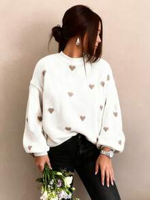 秋冬女装情人节可爱休闲心形图案宽松时尚圆领长袖毛衣，基本款毛衣，商务休闲女装，秋季上衣，秋季毛衣，女士冬装，女士秋冬装，秋季服装