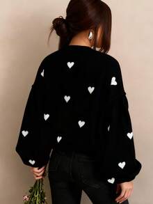 Autumn And Winter Women's Valentine's Day Cute Casual Heart-Patterned Loose-Fit Fashionable Sweater With Round Neck And Long Sleeves, Basic Sweater, Business Casual Women's Clothing, Autumn Top, Autumn Sweater, Women's Winter Clothing, Women's Autumn And Winter Clothing, Autumn Clothing - Black - View 8