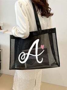 Pink Heart Shaped Alphabet Letter Print Mesh Tote Bag, Alphabet Beach Bag, Foldable Handbag, Women's Mesh Tote Bag, Shoulder Bag, Suitable For Beach, Vacation And Shopping, Large Capacity Handbag, Gift For Family And Friends, Unisex, Suitable For Couples, Daily Use, Dating, Birthday, Holiday, Back To School, Vacation, Travel, Commuting, Business, Students, Picnic, Camping, Supermarket, Daily Storage, Holiday Gift (Black) - Multicolor - View 5
