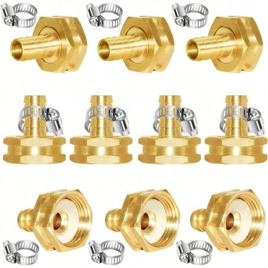 10pcs 1/2 Barb X 3/4 Female GHT Thread Swivel Hex Brass Garden Water Hose Pipe Connector Copper Fitting With Stainless Clamp For House Plumbing Repair Boat Water System Connection Lawn Irrigation Setup Power Washer Attachment Outdoor Garden Water Distribution And General Industrial Plumbing Applications - 34GHT女性 - 查看 1