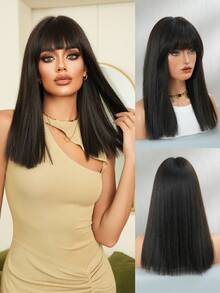 7JHH WIGS High Quality 16-Inch Shoulder Length Straight Wigs For Women - Elegant Natural Black Wigs With Bangs, Soft Silky Heat-Resistant Synthetic Fiber Hairpiece For Daily Wear, Egyptian Queen Costume Cosplay & Music Festival Use, Graduation Gift & Mother's Gift Wig Accessory - Màu đen tự nhiên - Xem 2
