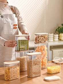 1pc Bamboo Lid Airtight Canister, Transparent Plastic Jar, Pasta Box, Cereal Container, Nuts & Snacks Storage Jar, Multi-Function Kitchen Storage Container - White - View 5