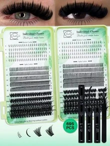 Lashsun Bộ 695 sợi mi giả riêng lẻ, độ cong D, 4 kiểu, độ dài hỗn hợp (mắt đơn/mắt nhọn/100D/150D), mi giả mềm mại và thoải mái, bền lâu, kèm dụng cụ gắn mi chuyên dụng, hoàn hảo cho người mới bắt đầu và người đã có kinh nghiệm, dễ dàng tự làm tại nhà, dùng để trang điểm hàng ngày. - màu đen - Xem 1