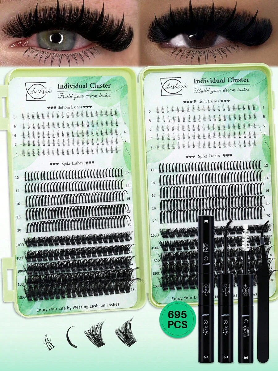 Lashsun Bộ 695 sợi mi giả riêng lẻ, độ cong D, 4 kiểu, độ dài hỗn hợp (mắt đơn/mắt nhọn/100D/150D), mi giả mềm mại và thoải mái, bền lâu, kèm dụng cụ gắn mi chuyên dụng, hoàn hảo cho người mới bắt đầu và người đã có kinh nghiệm, dễ dàng tự làm tại nhà, dùng để trang điểm hàng ngày. - màu đen - Xem 1