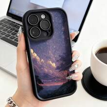 Cubierta de teléfono con borde negro diseño galaxia estrellas y nubes púrpura rosa paisaje nocturno para uso diario trabajo y caféCompatible with various  and  models, this is a popular gift for friends or partners, suitable for business occasions. Duradera, resistente a las manchas y a las huellas dactilares, esta nueva funda para teléfono de hombres y mujeres es un gran regalo. - Blanco - Ver 3