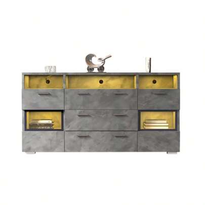 (312069070AAG) Modern Sideboard, 140 Cm, Gray, With LED Lighting And Clear Acrylic Doors, 2 Doors, 3 Drawers And Open Storage Space. Also Works As A Low Cabinet, Storage Cupboard, Sideboard Or Corner Unit.