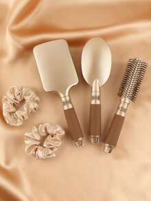 Meoky 5pcs Gold Cushion Comb Cylinder Brush Set Includes 2 Gold Hair Ties, Suitable For Men And Women Daily Use