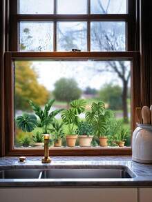 1 Peça Adesivo de Janela com Planta em Vaso Verde Pendurada, Adesivo de Janela com Planta Verde Tropical, Adesivo de Parede Removível com Cenário de Vaso de Cacto e Borboleta, Adesivo Decorativo Autocolante, Adequado para Decoração de Parede do Quarto, Sala de Estar, Escritório, Cozinha, Decoração Doméstica - Multicolorido - Visão 9