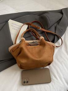 Faux Suede Bucket Bag, Fashionable Handbag With Flap Design, Shoulder Strap, Suitable For Women's Daily Wear Or Commuting, Autumn/Winter - Brown - View 3