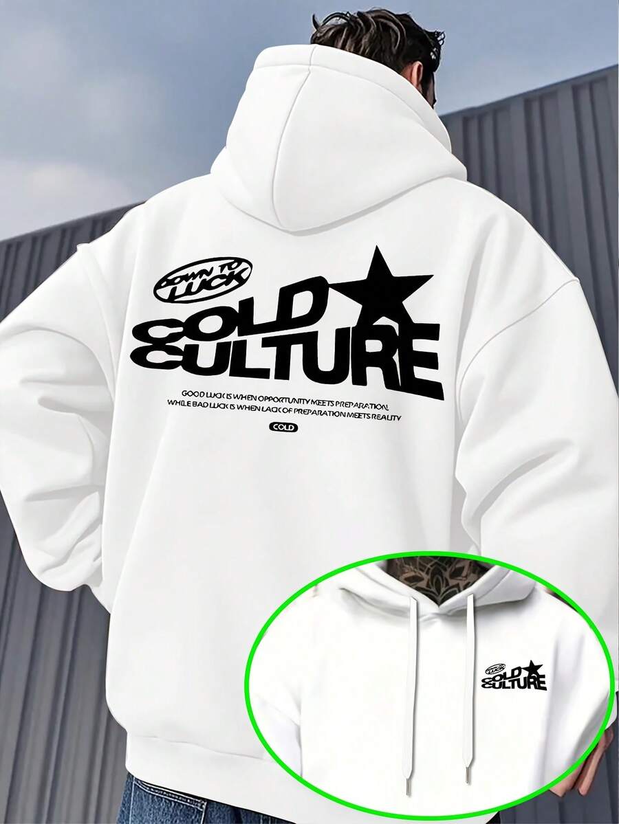 2 Sided Men's Hooded Sweatshirt With C O L D CULTURE Logo & Back Print - Double-Sided Streetwear Pullover, Casual Sweater For Spring Fall Layering White - 白色 - 查看 1
