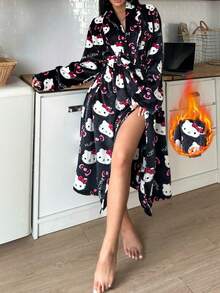 Sanrio 1pc  Plush Robe For Women, Cute & Elegant, Warm & Comfortable For Autumn/Winter, Fluffy, Cozy - Black - View 2