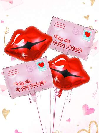 Set de 4 globos para el Día de San Valentín, incluye globo de foil en forma de carta de amor rosa, globo de labios rojos brillantes, adecuado para decoración romántica del Día de San Valentín, boda, compromiso, aniversario, suministros para fiesta del Día de San Valentín, decoración de fiesta XOXO