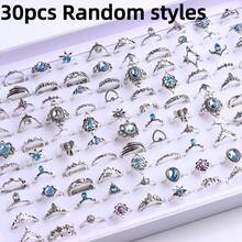 30pcs/Pack Vintage Fashionable Alloy Ring Set With Leaf/Lotus/Elephant Design, Random Style In A Blind Bag - 30 Blue Glass Tail Rings - View 13