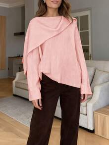 女士新款圆领长袖大翻领披肩式落肩宽松套头衫，时尚优雅休闲度假外出派对针织毛衣，秋冬款 - 粉色 - 查看 3