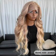 Kanekalon Futura Hair Blonde Ombre 13x4 Lace Front Wig 22 Inch Long Wave Highlight Wigs Curtain Bangs, Glueless Kanekalon Hair Resistant Synthetic Hair Wigs Free Part 150% Density Ready To Wear Synthetic Wigs For Daily Party Festival Holiday Use Beginner Friendly Wigs Transparent Lace Wigs - Gold - View 5