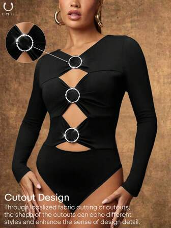 Svart Ihålig Diamantring Bodysuit Långärmad Sexig Slim Fit Clubwear Topp