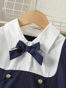 Tween GirlsFashion Splice Shirt Collar Bow Tie Long Sleeve Knee-Length Dress, Spring/Autumn - Royal Blue - View 2