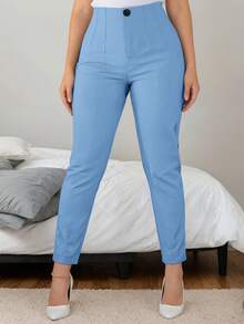 Women's Solid Color Fitted Casual Pants, For Commuting And Everyday Wear - Blue - View 7
