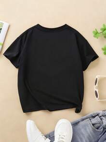 [ma baoli] camiseta de verano para niñas - estampado de doble cara de dibujos animados de pony - Lindo estilo suéter estampado de cuello redondo para niños, con tejidos blandos de poliéster, adecuado para niñas de verano, envíos de tiendas locales, ropa de verano para niñas de estilo dibujos animados, adecuado para uso diario, fiestas, atracciones turísticas al aire libre. - Negro - Ver 3